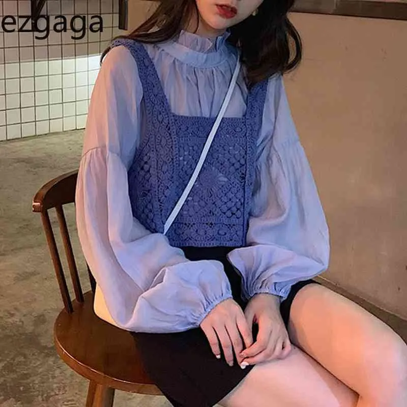 Ezgaga韓国のファッション2ピースセット女性のスノーシャツ中空アウトニットベストルーススウィートプルオーバーオールマッチカジュアルトップス210430