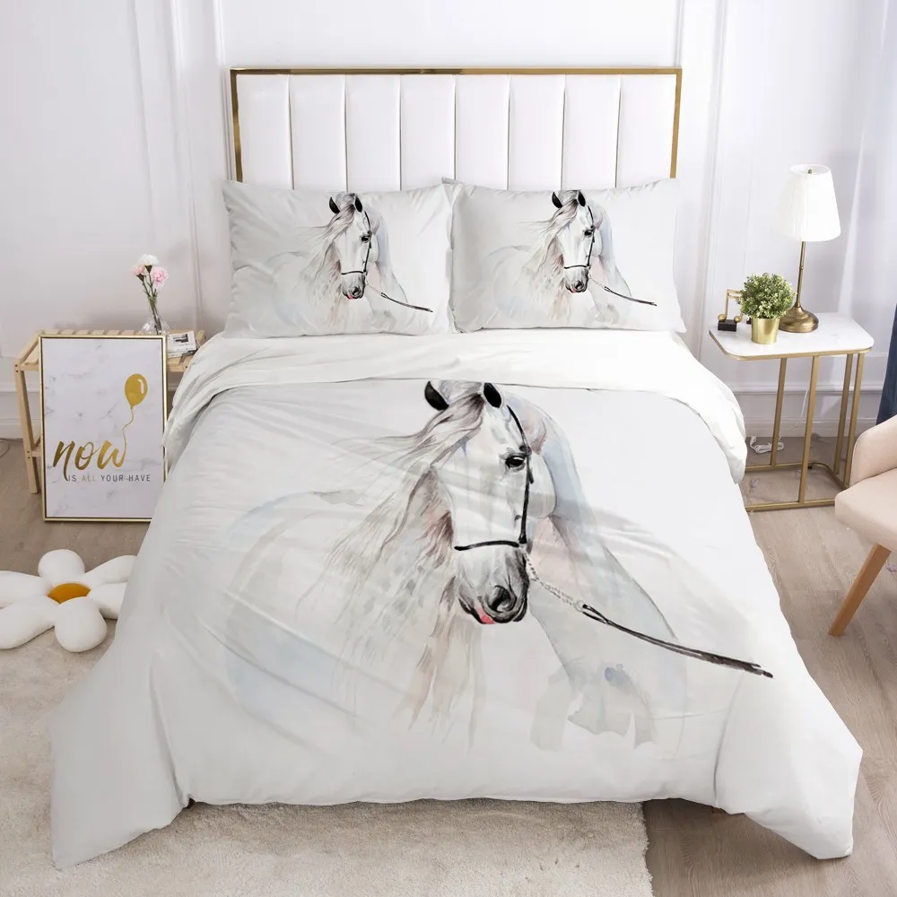 3D Bedding Sets Duvet Quilt Cover Set Comforter Pillowcase Bed Linen King Queen Full Single Size White Animal Horse Home Texitle 2303v