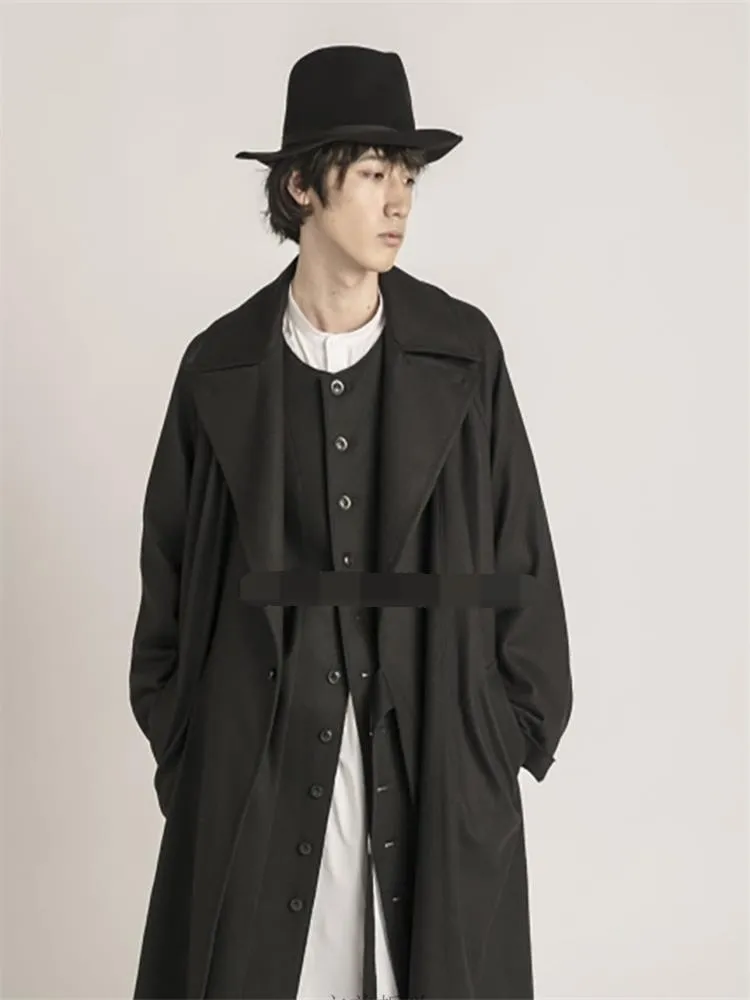 Hommes Trench-Coats Urbain Jeunesse Mode Lâche Grande Taille Long Noir Profond Manteau Simple Revers Conception Coupe-Vent