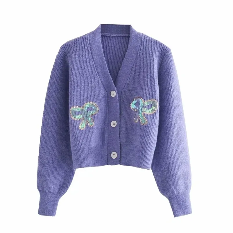 Sexy col en v femmes cardigan court été arc paillettes dames chandails violet décontracté femme tricots filles chemises 210527