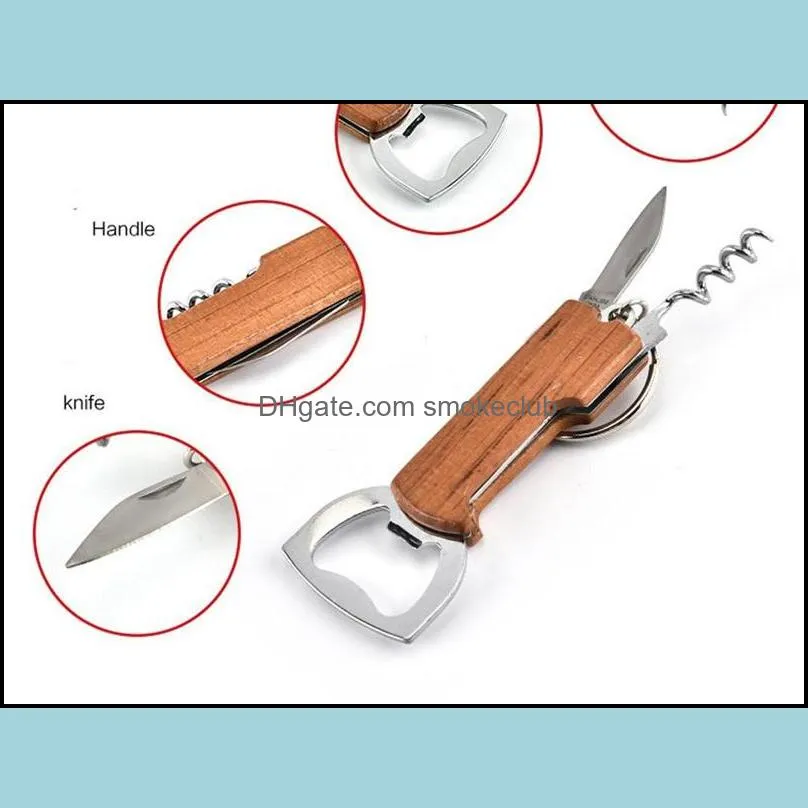 Openers Wooden Handle Bottle Opener Keychain Knife Pulltap Double Hinged Corkscrew Stainless Steel Key Ring Openers Bar