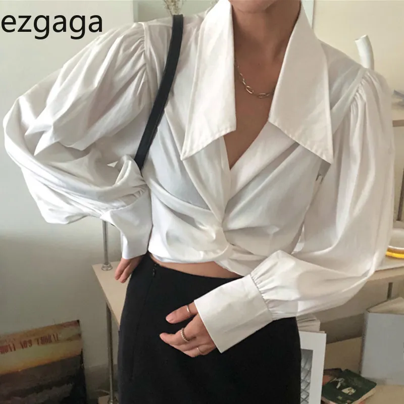 Ezgaga Office Lady Camicie eleganti Chic Colletto rovesciato Manica a lanterna vintage Incrociato Camicetta da donna Solid Crop Top Blusas 210430