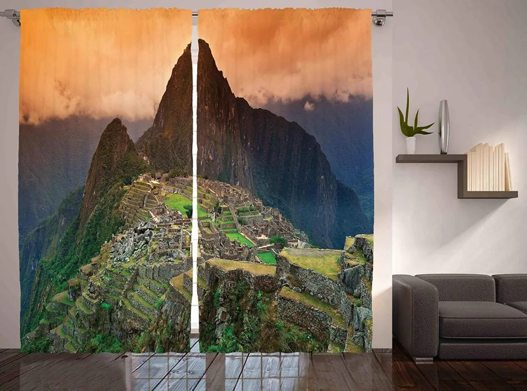 Rideaux de fenêtre de paysage pour chambre d'enfants, Machu Picchu Po, ville d'amérique du sud, scène panoramique de montagne en ruines