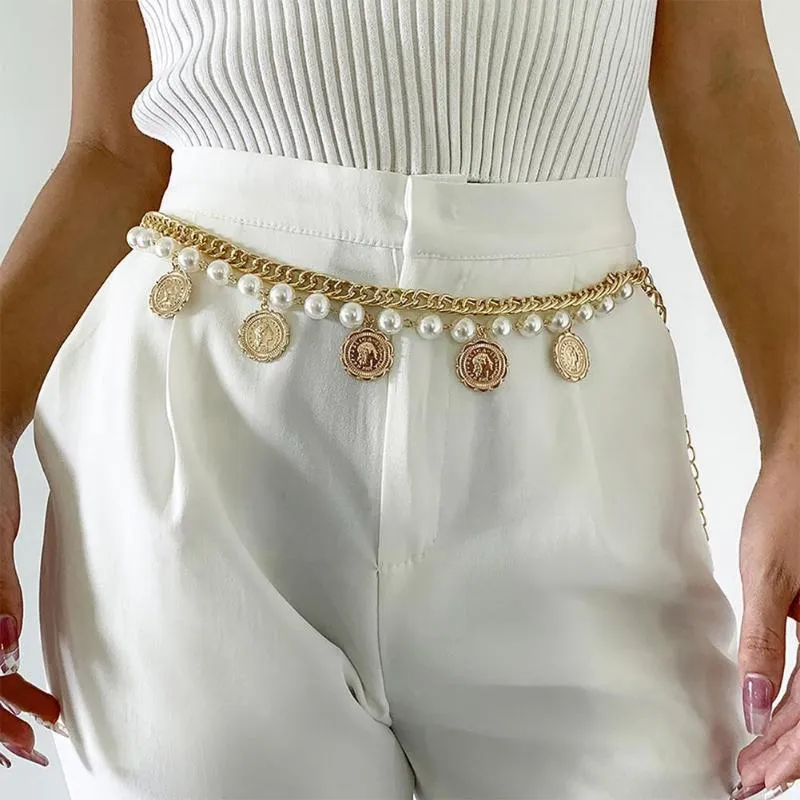 Bälten retro metallporträtt tag imitation pärla kedja mode smycken tillbehör brud sexig klänning kvinnors bälte i8d3