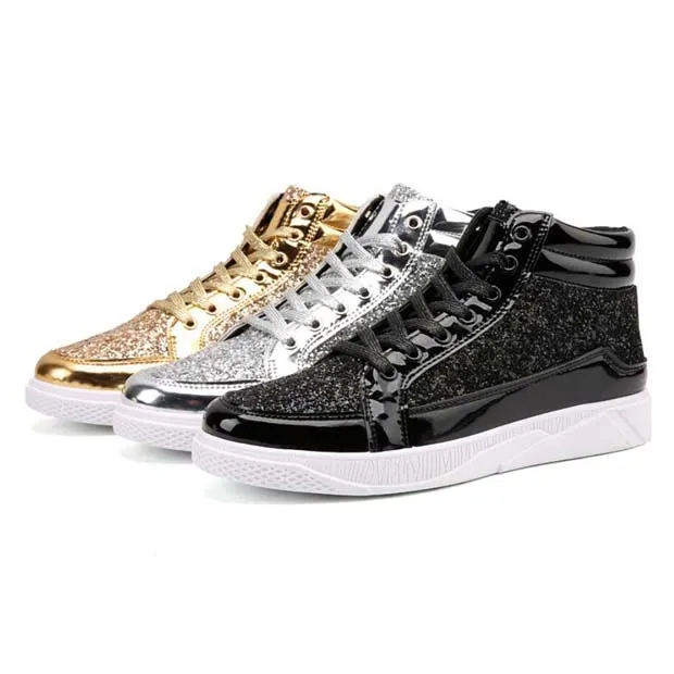 Mode m￤n st￶vlar hi-top l￤der martin boot strass god kvalitet svart guld silver utomhus gl￤nsande skor storlek 39-45 f￶r m￤n