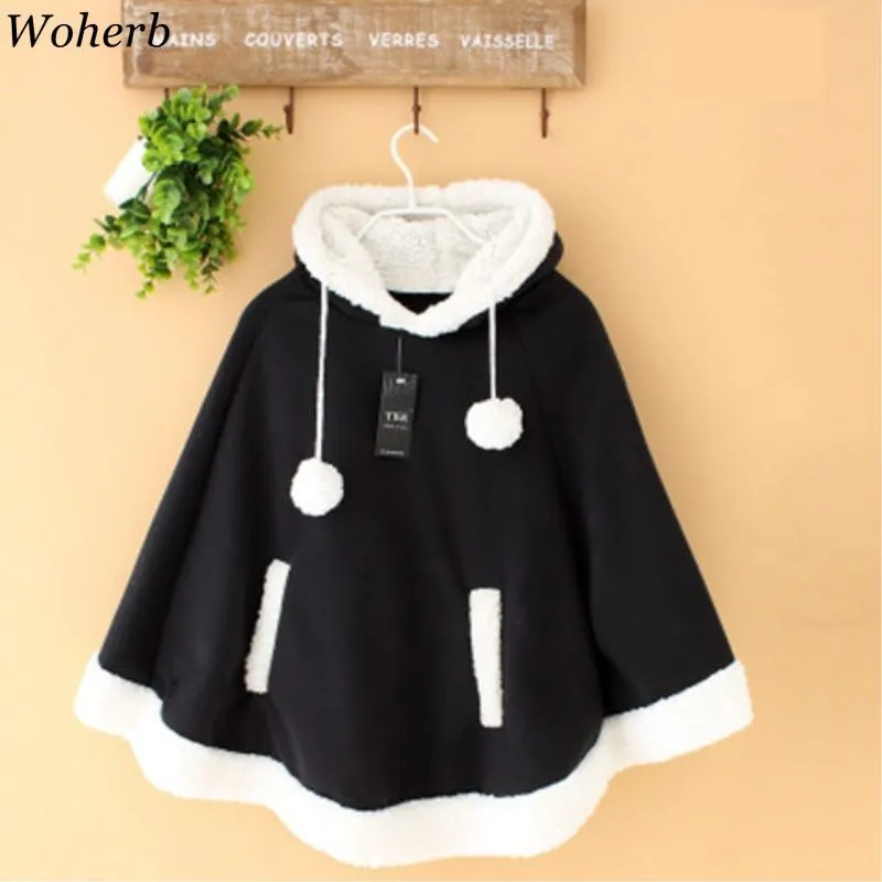 Japoński Kawaii Cloak Kobiety Jesień Zima Z Kapturem Poncho Cape Płaszcz Dziewczyny Wyściełane Cute Sweter Capes Femme Szal 23422 210519