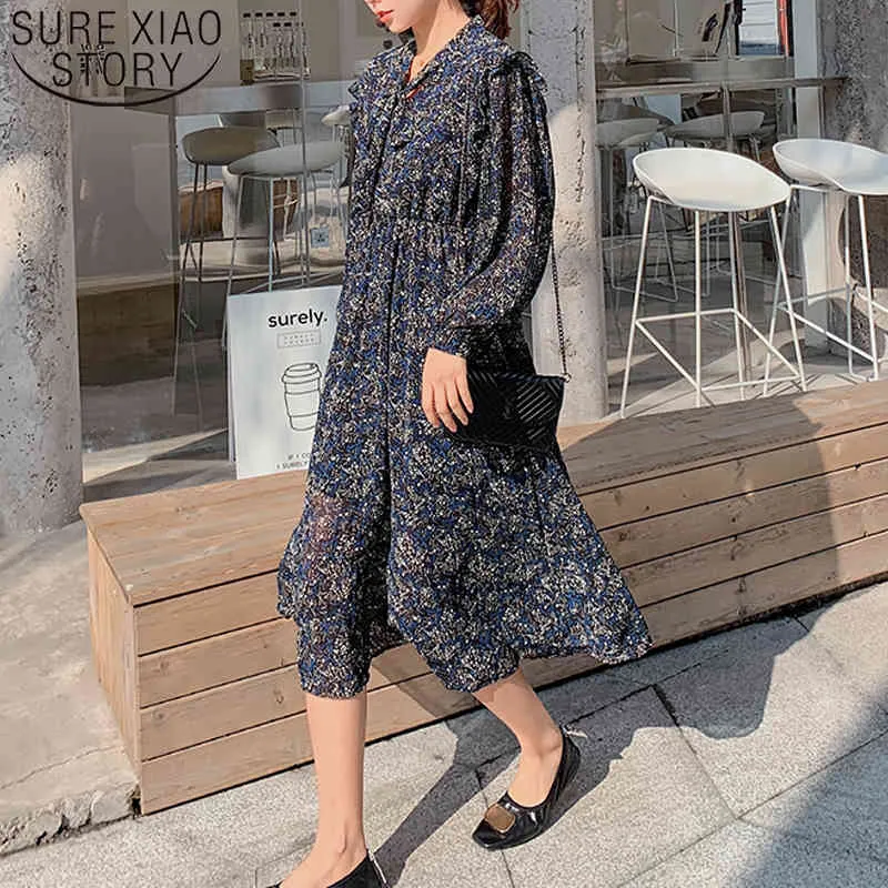 long Sleeve Pleated Knee dress V-Neck Bow Floral Chiffon Dress Mid Long Spring and Autumn Bottom Vestidos 8548 50 210508
