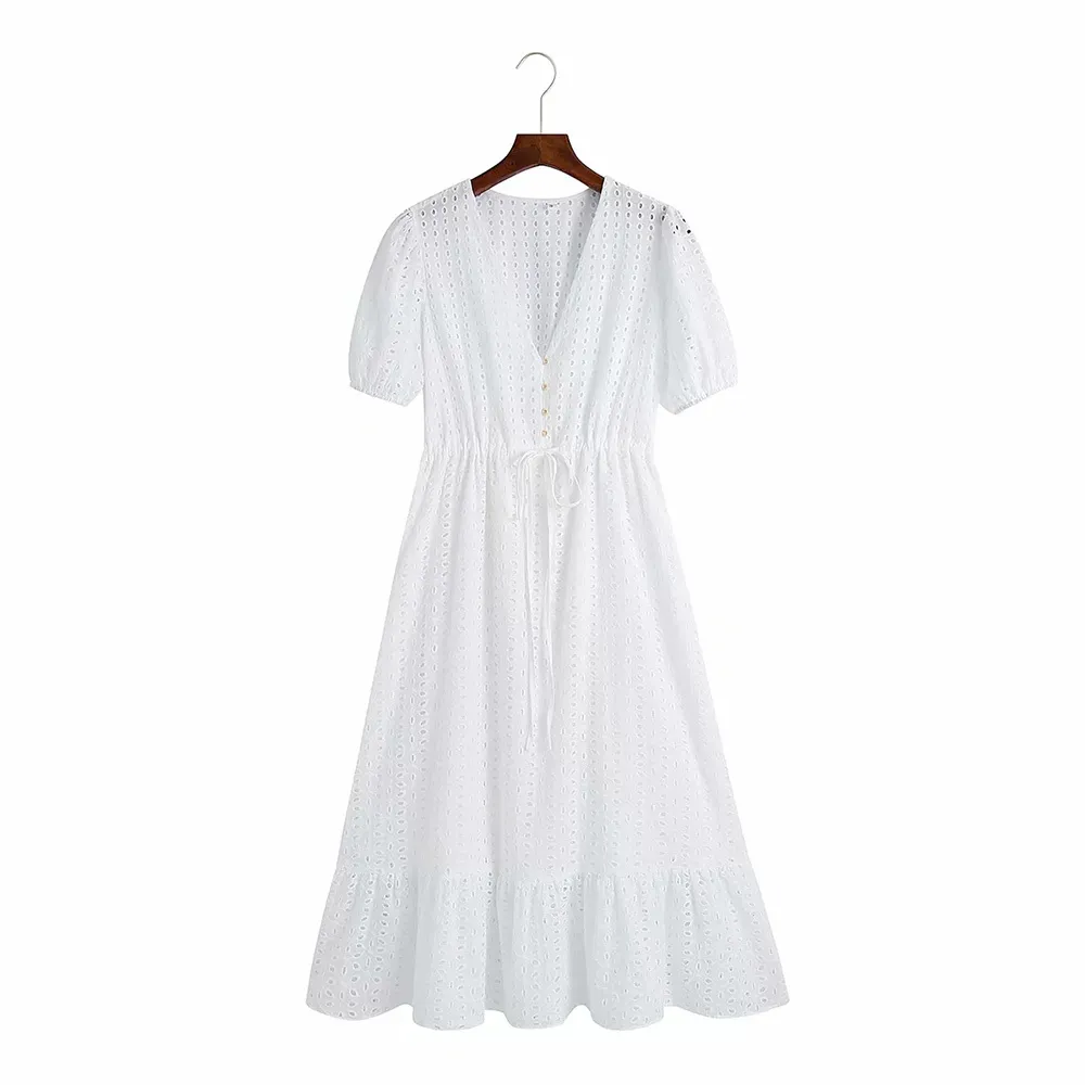 BBWM Mulheres Verão Branco Vestido V Pescoço De Manga Curta Botões Bow Laço Casual Feminino Feminino Partido A-Line Vestidos Vestidos 210520