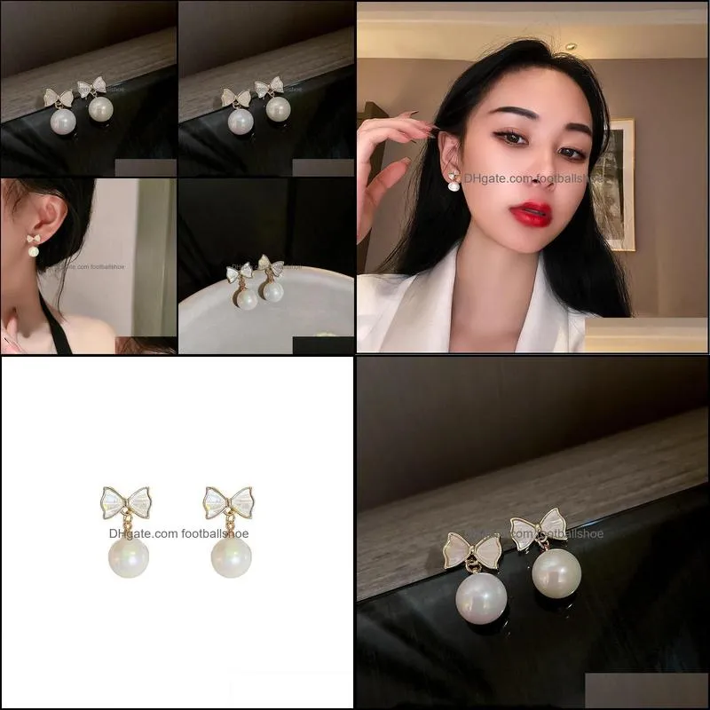Dangle & Chandelier Sweet Big Round Pearl Shell Bow Earrings For Woman Korean 2021 Party Girl`s Drop Earring Fashion Jewelry