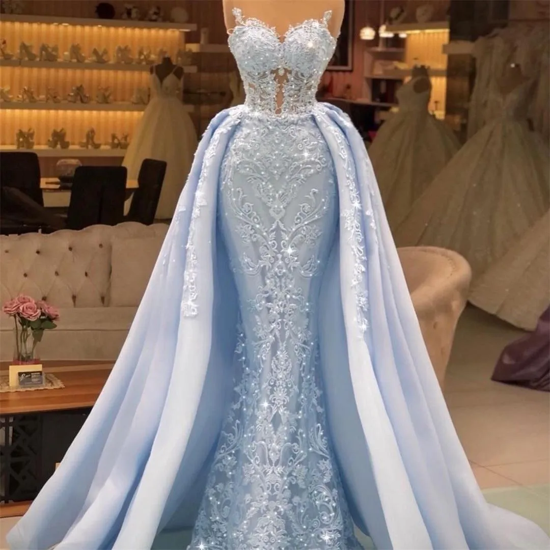 Himmelblå sjöjungfrun kvällsklänningar med avtagbar tåg spets sequin prom klänningar damer sexig vestido de novia formell fest slitage