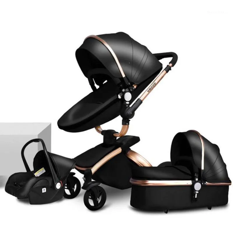 Strollers# Luxury Leather 3 In 1 Baby Stroller Two Way Suspension 2 Safety Car Seat Born Bassinet Carriage Pram Fold1