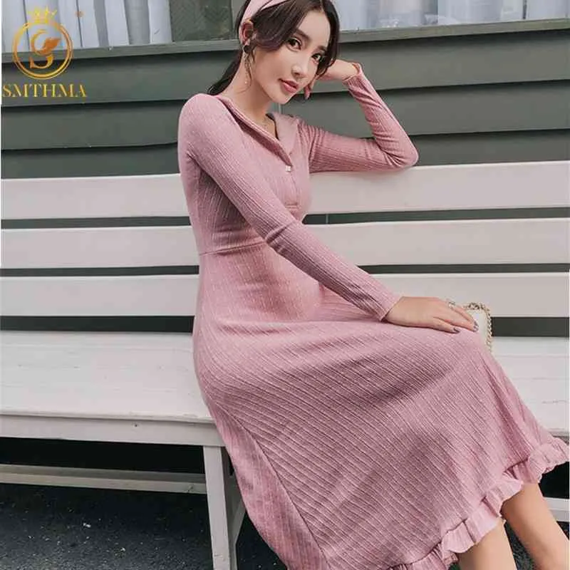 Herbst Winter V-ausschnitt Langarm Pullover Kleid Frauen Elegante Korea Chic Rüschen Vestido Da Festa 210520