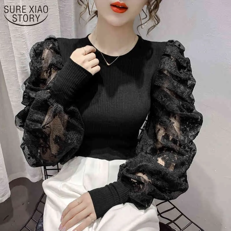 Koreaanse stijl herfst vrouwen kant gebreid shirt gesplitst blouse zoete o-hals bladerdeeg lange mouw slanke tops vrouwelijke 11263 210508