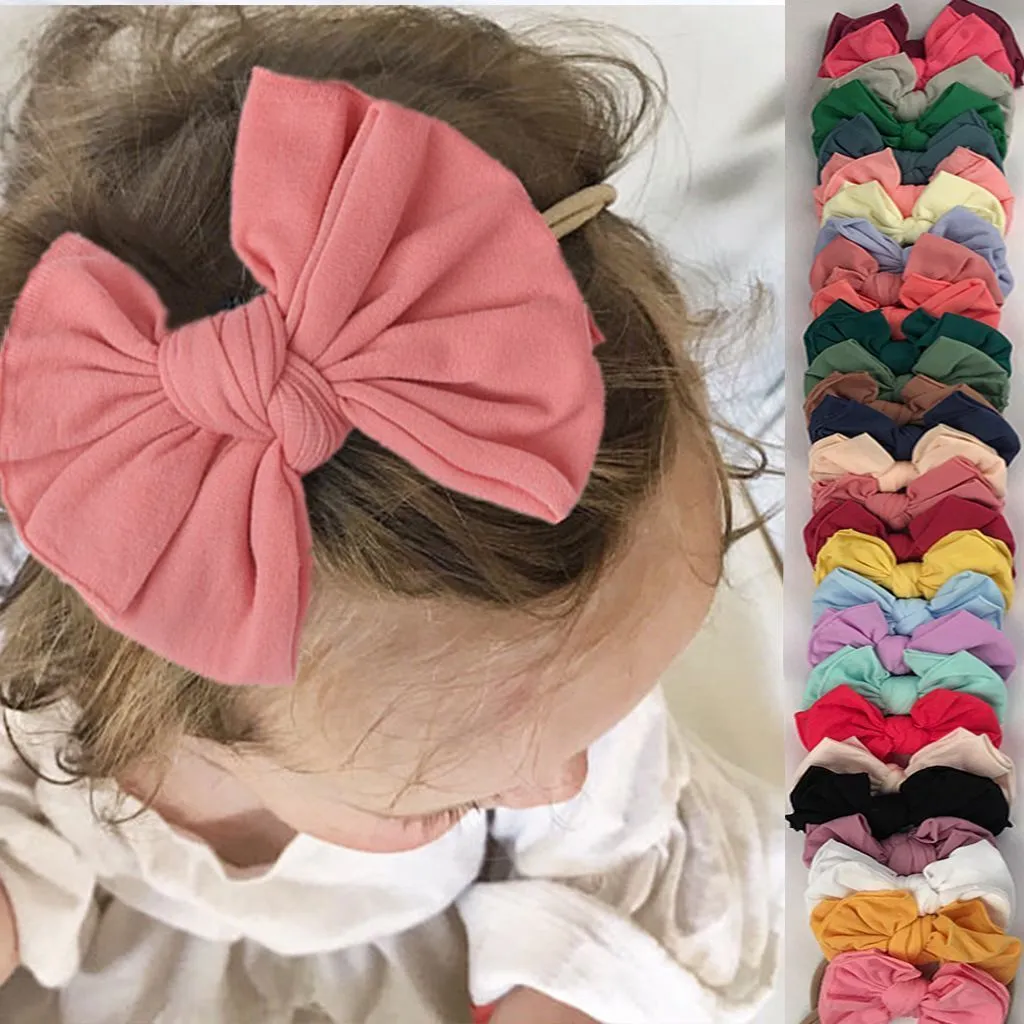 27 pz/lotto 3.2 pollici Solido Archi Dei Capelli Fascia di Nylon, Cotone Handtied Fiocco di Nylon Del Bambino Turbante Per I Bambini Delle Ragazze di Nylon Arco Hairband bambini