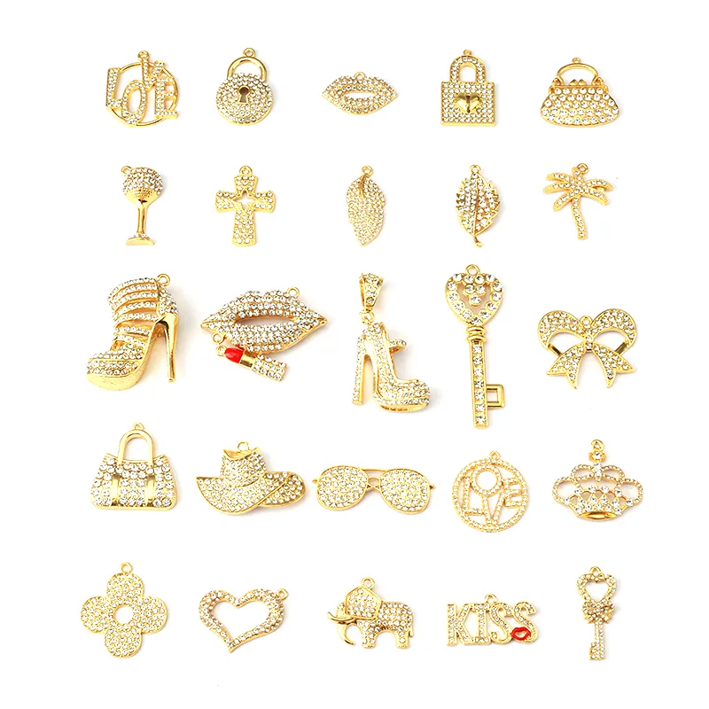 Charms per gioielli in lega da 50 pezzi con strass colorati e placcati in oro, misura delicata mista per le donne2381