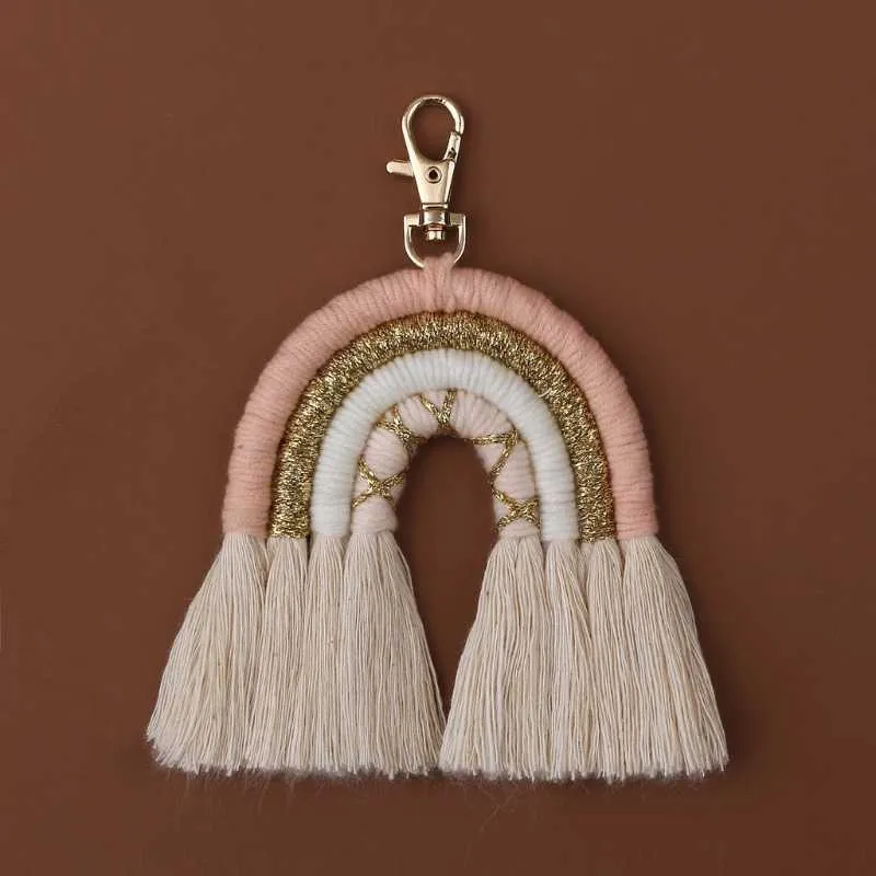 N80E Rainbow Keychains Women Boho Key Holder Keyring Macrame Bag Charm Car Hanging G1019