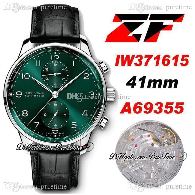 2021 ZFF IW371615 A69355 Cronografo automatico Orologio da uomo Quadrante verde Indicatori numerici argento Cinturino in pelle nera Super Edition Orologi Puretime