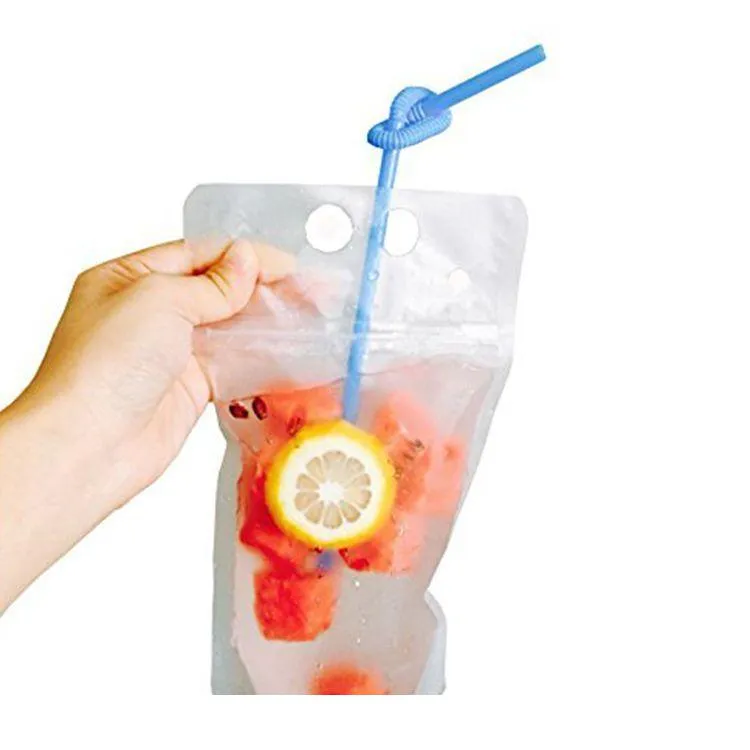 2021 high quality 500ml Clear Drink Pouches Bags frosted Zipper Stand-up Plastic Drinking Bag with straw with holder Reclosable Heat-Proof