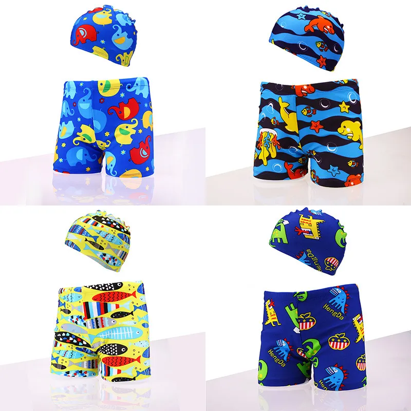 Letnie Kids Board Shorts Z Kapelusz Pływanie Puks Baby Boy Ubrania Poliester Zwierząt Drukowane Stroje kąpielowe Chłopcy Swimsuit M3984