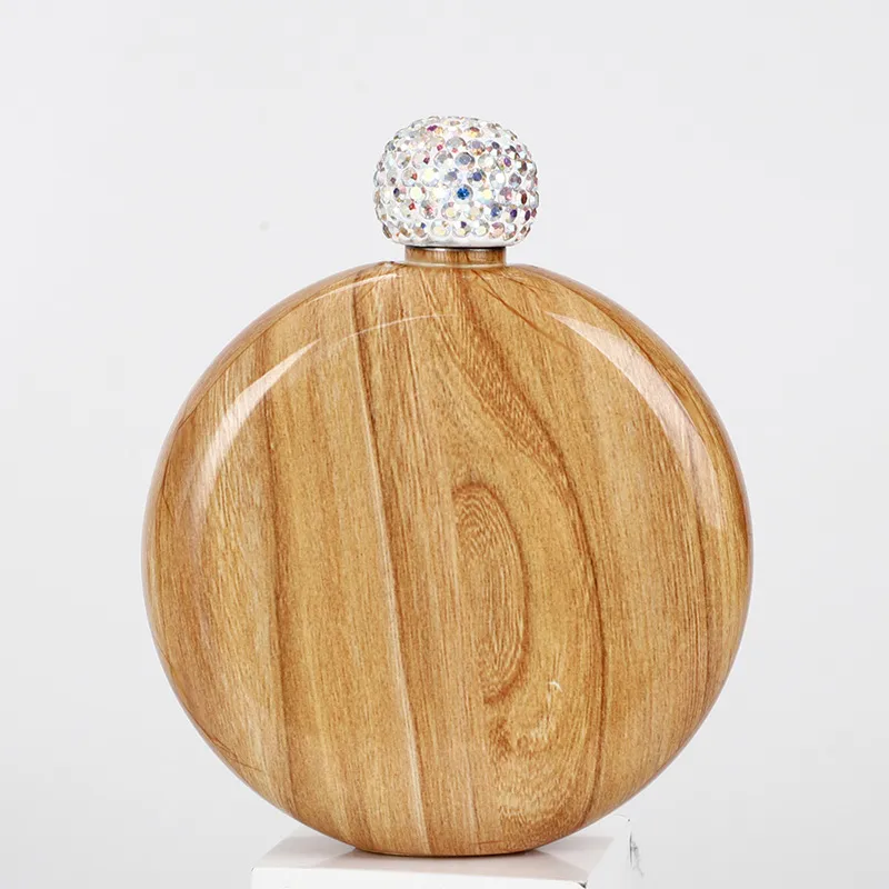 Stainless Steel Diamond Hip Flask Wood Grain Round Portable Hip Flask Ladies Mini Hip Flask With Rhinestone Lid