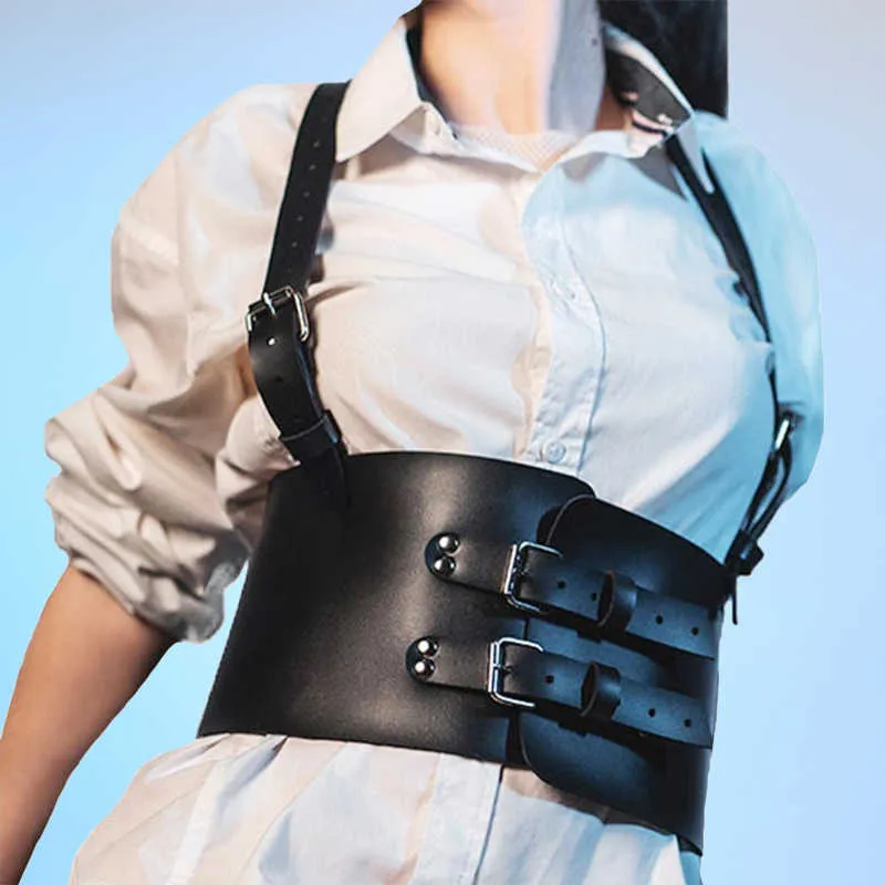 ファッションレザーの女性チェストハーネスベルトゴスブラハーネスストラップサスペンダーパンクコルセットワイドウエストベルトFemme Body Belts Q0625