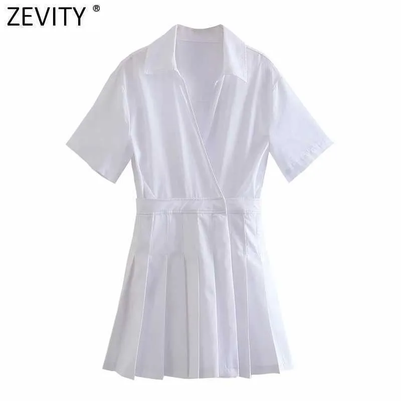 Zevity Women Fashion Hem Plisowane Patchwork Białe Pantkirts Styl Mini Sukienka Kobieta Krótki Rękaw Wstecz Zipper Chic Vestido DS8306 210603