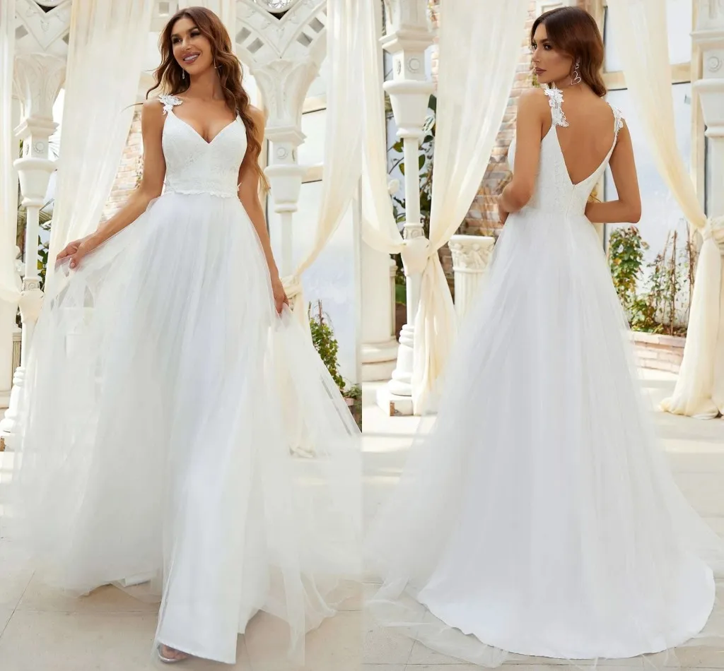 Robe de mariée 2022 a-ligne dentelle Tulle robe de mariée col en v bretelles dos nu Simple vestidos de noiva robe de mariée
