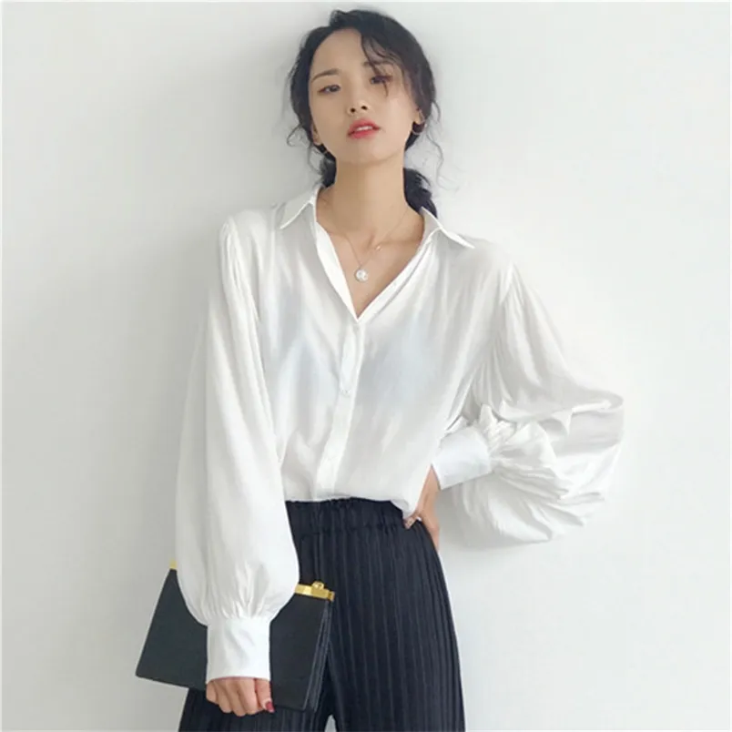 Primavera Verão Coreia Moda Mulheres Solta Lanterna Luva Branca Camisas De Seda Coloque Colar Colares Casuais Blusa Feminino Tops S452 210512