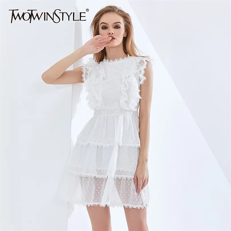 Weißes Patchwork-Spitze-Rüschen-Sommerkleid für Frauen, ärmellos, hohe Taille, Netz-Polka-Dot-Kleider, Damenmode 210520