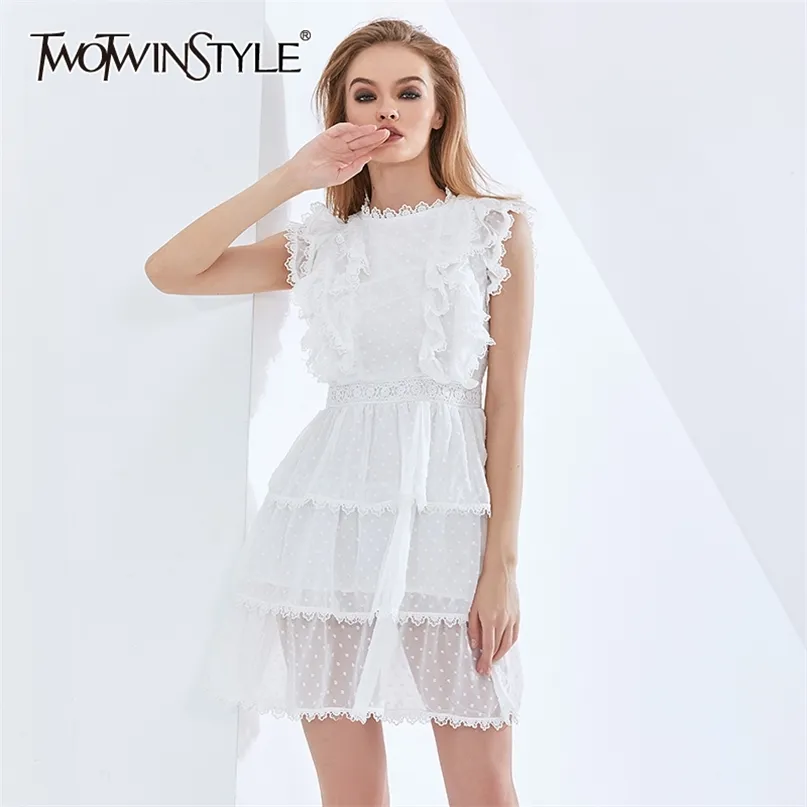 Vit Patchwork Lace Ruffle Sommarklänning för Kvinna Ärmlös Hög Midja Mesh Polka Dot Dresses Women Fashion 210520