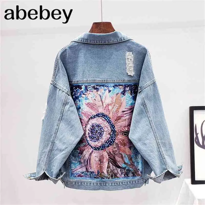 Streetwear Style Print Women's Denim Jacket Coat Diamonds Hole BF Jeans Outwear Female Spring Autumn Casual Loose Cowboy Outwear 210722