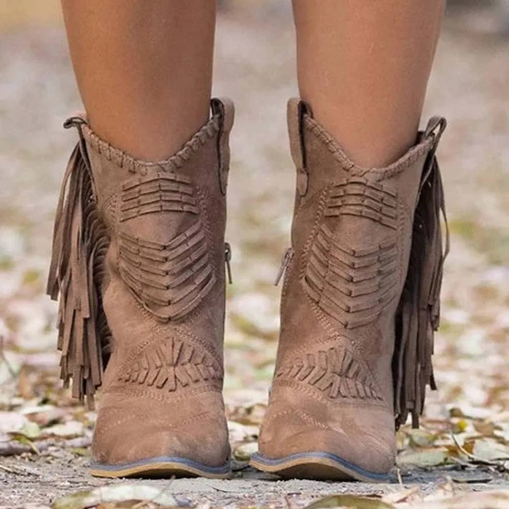 Botas de grife Cowboy Cowgirls de bico fino ocidentais para mulheres com franja retrô salto grosso punk sapatos
