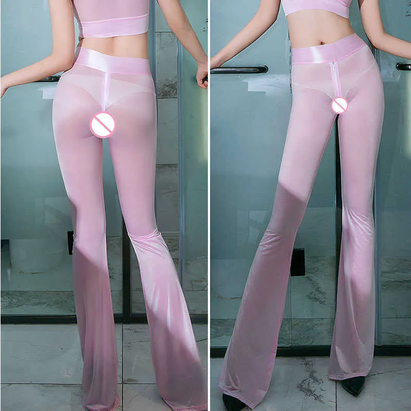 Sexy brillant fermeture éclair ouvert entrejambe pantalon évasé évider entrejambe lisse hanches sexy capris taille haute voir à travers un pantalon sexy F20 Q0801