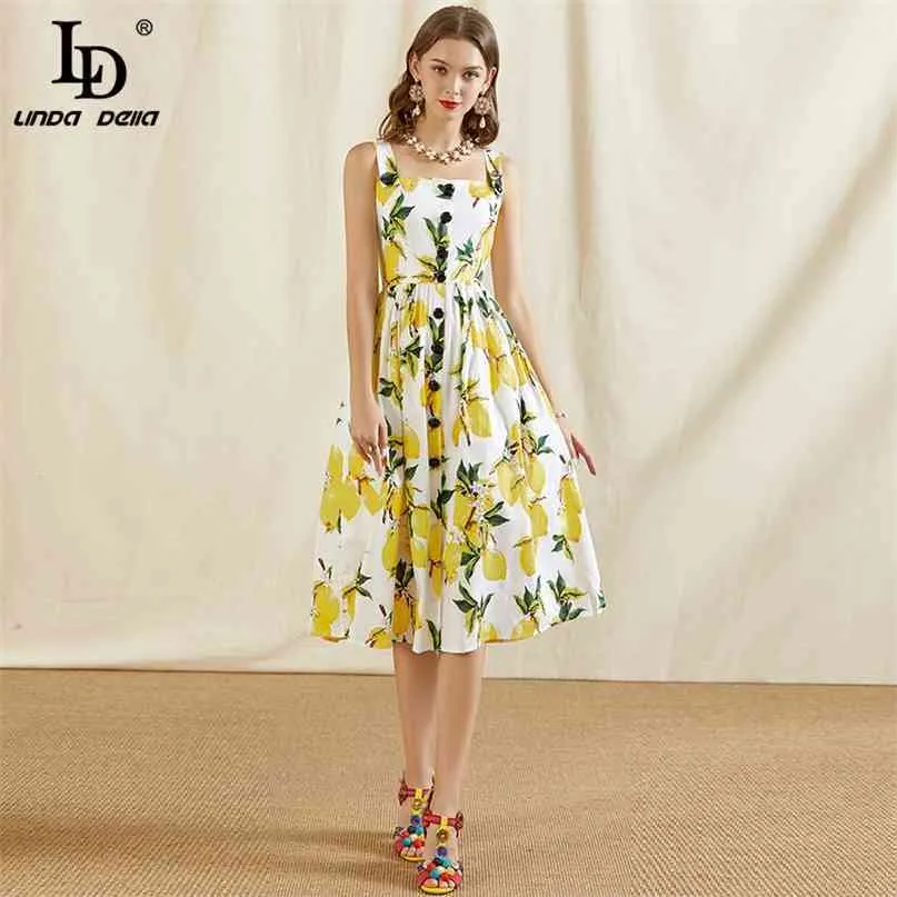 Fashion Runway Summer Dress Womens Spaghetti Strap Button Yellow