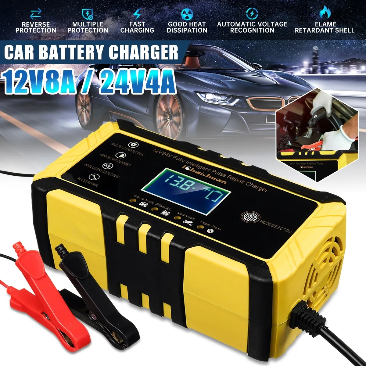 140W Autobatterieladegerät 12V 8A/24V 4A Tragbares Autoladegerät USB Mobiler Batterieladebooster Clip-on Car Power Zubehör