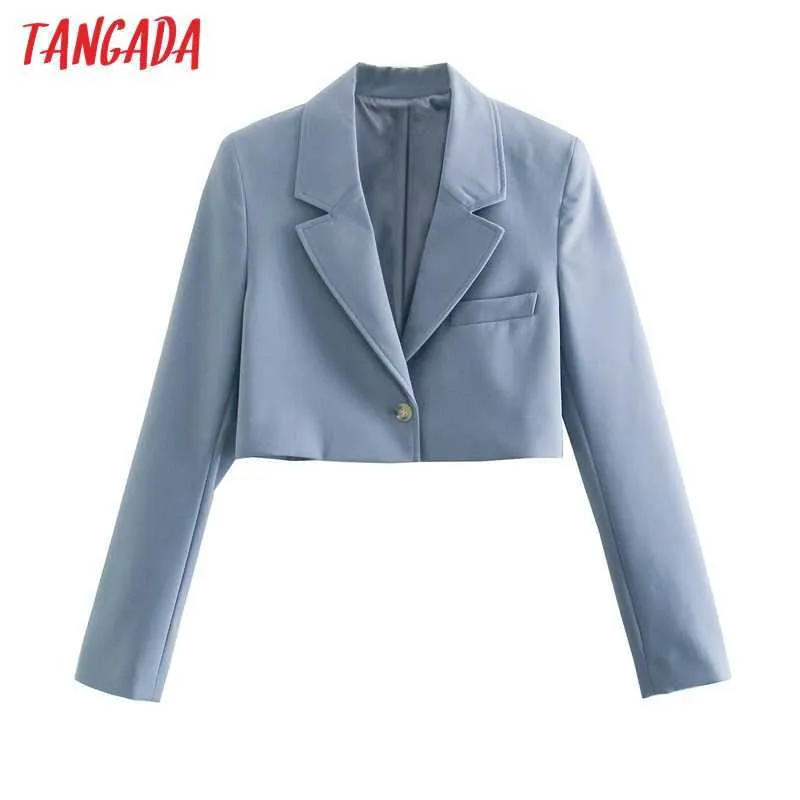 Tangada Dames Solid Crop Blazer Jas Vintage Kleed Kraag Pocket Mode Vrouwelijke Casual CHIC TOPS BE417 210609