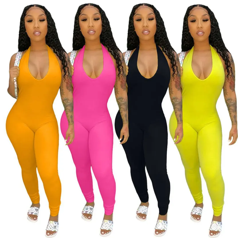 Mulheres Jumpsuits Roupas de Verão Sólida Macacões Backless Plus Size 2XL Bodysuits Bodysuits Skinny Jumper Terns Casual V Pescoço Macacões Black Leggings DHL 5633