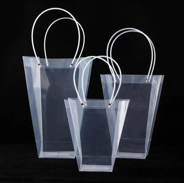 2021 Trapezoidal transparent presentväska plastförvaring handväska pvc blomma väskor butikspaket väskor fest semester blommor handväskor