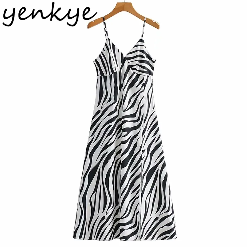 Vintage Zebra Striped Sling Sexy Dress Kobiety V Neck High Paistą A-Line Casual Długa Kobieta Letnia Night Out Vestido 210514