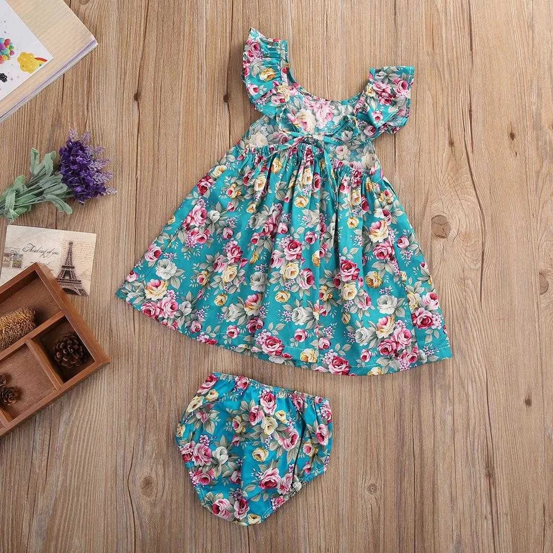 1-3Years Kids Baby Girls Summer Sleeveless Flower Printed Princess Dress Fashion Beach Chidren Skirt with Panties 80cm-110cm