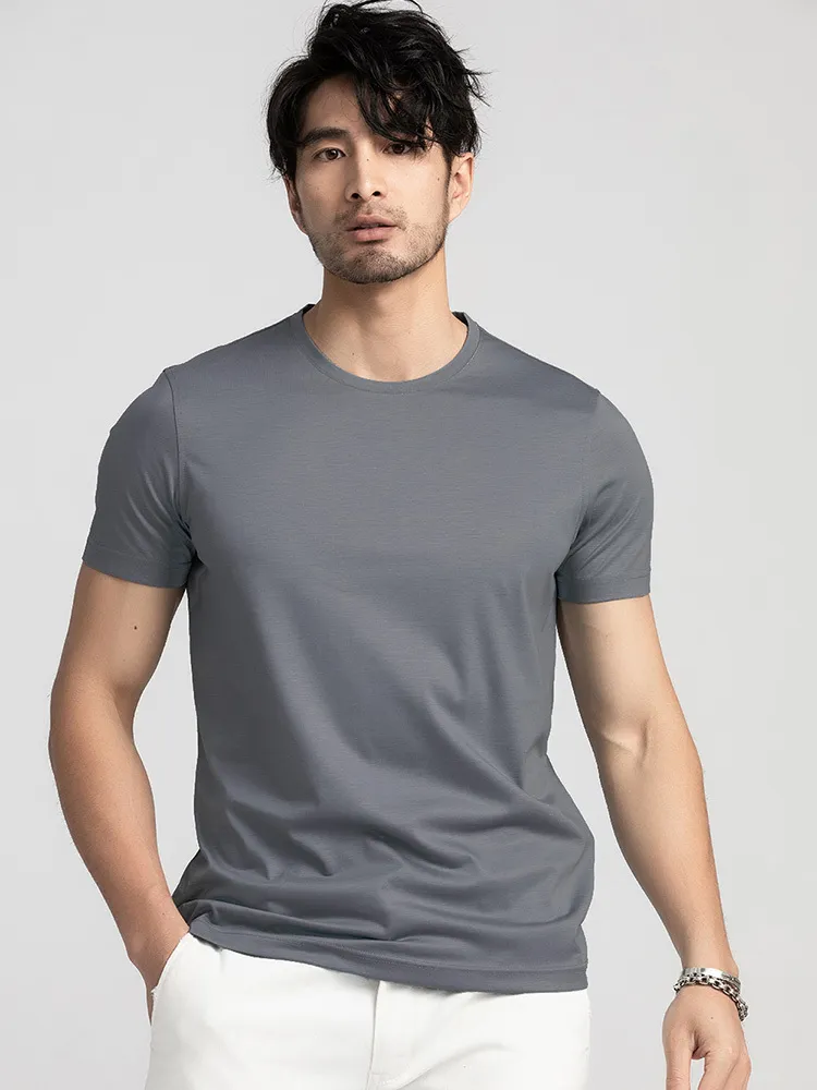 Suyadream Męskie solidne koszulki bawełniane i jedwabne mieszanki zwykły o neck z krótkim rękawem 2021 Lato Podstawowy Top Y0322