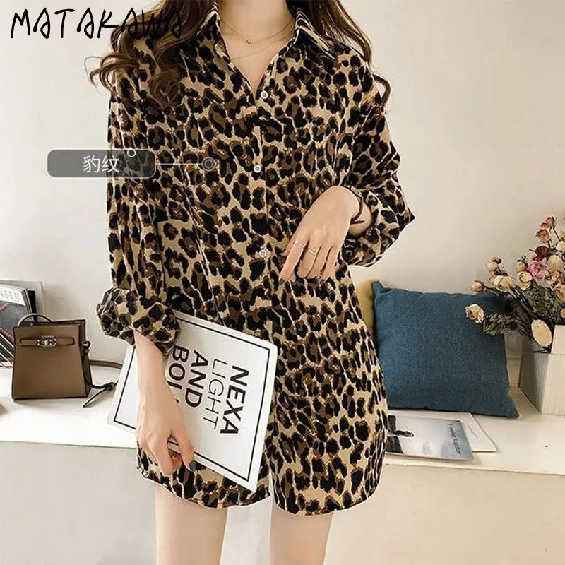 MATAKAWA, moda de primavera, blusa holgada de leopardo de talla grande para mujer, Blusas de manga larga, camisa con cuello vuelto de longitud media 210513