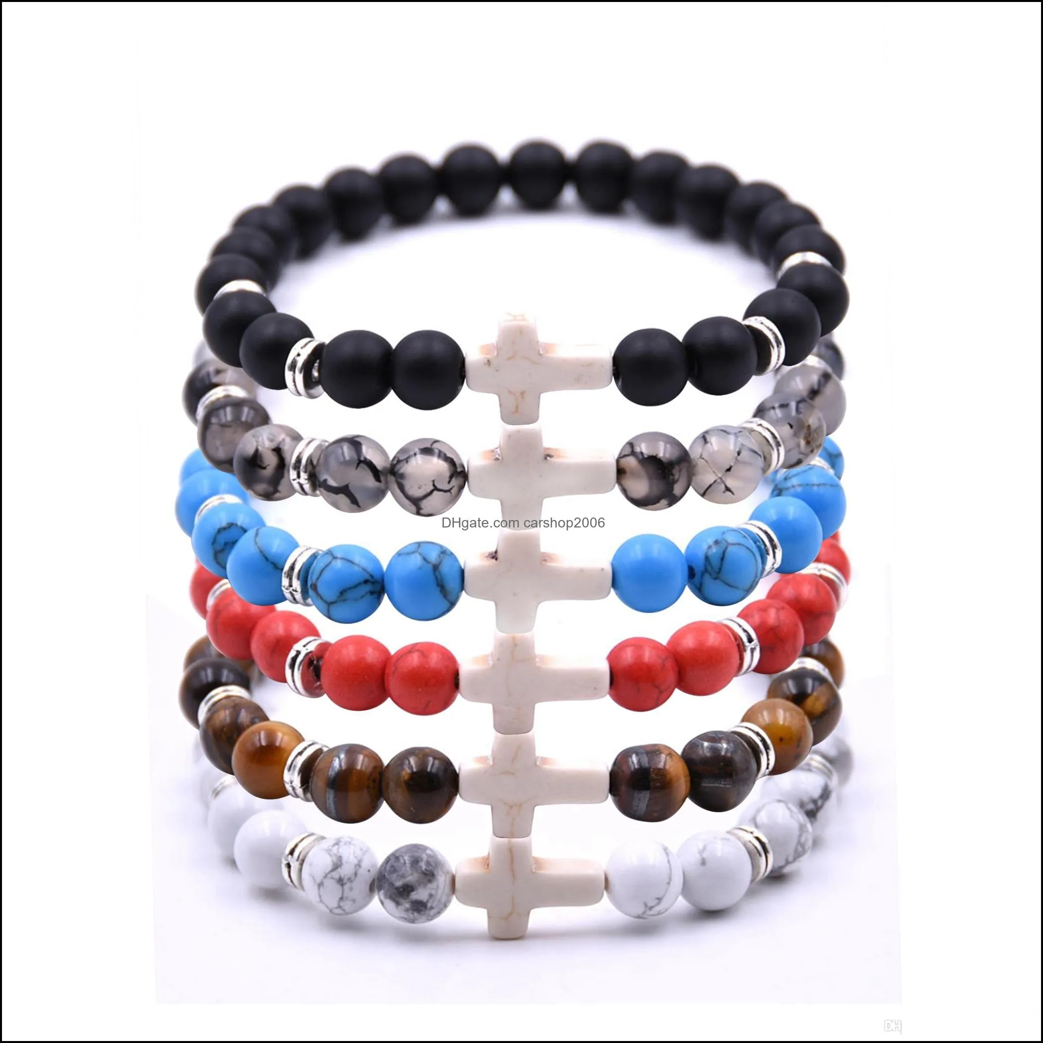 Bärda, juveleryjewelry cross pärlsträngar armband naturlig sten 8mm svart lava onyx tiger ögon läkande elastisk ropepseira män kvinnor brah