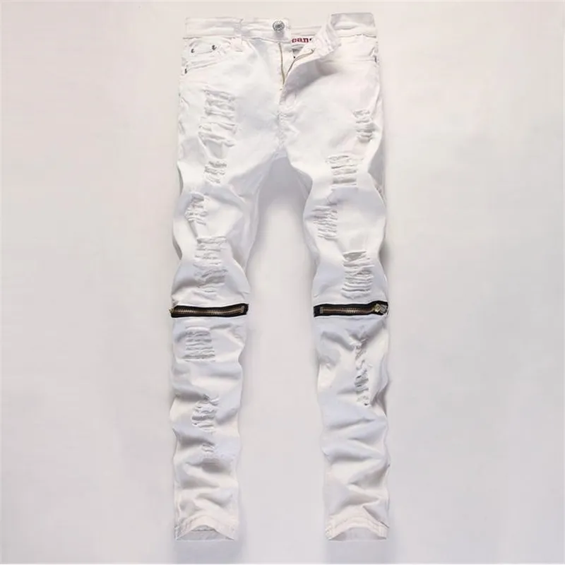 Herenbroek gat gesneden brocks knie met rits voet stretch broeken gescheurde jeans witte skinny potlood broek joggers voor mannelijke 210518
