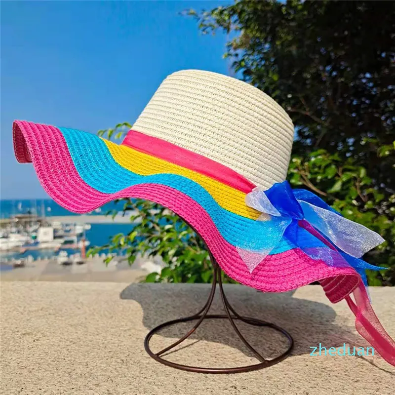 Floppy Wide Rainbow Brim Straw Sun Hat with Ribbon Bow