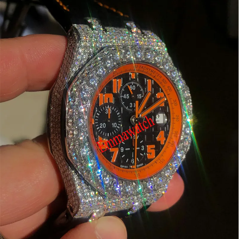 Novo moissanite relógios de prata diamantes relógio masculino movimento eta mecânico luxo completo iced out relógios com cronógrafo funciona244m