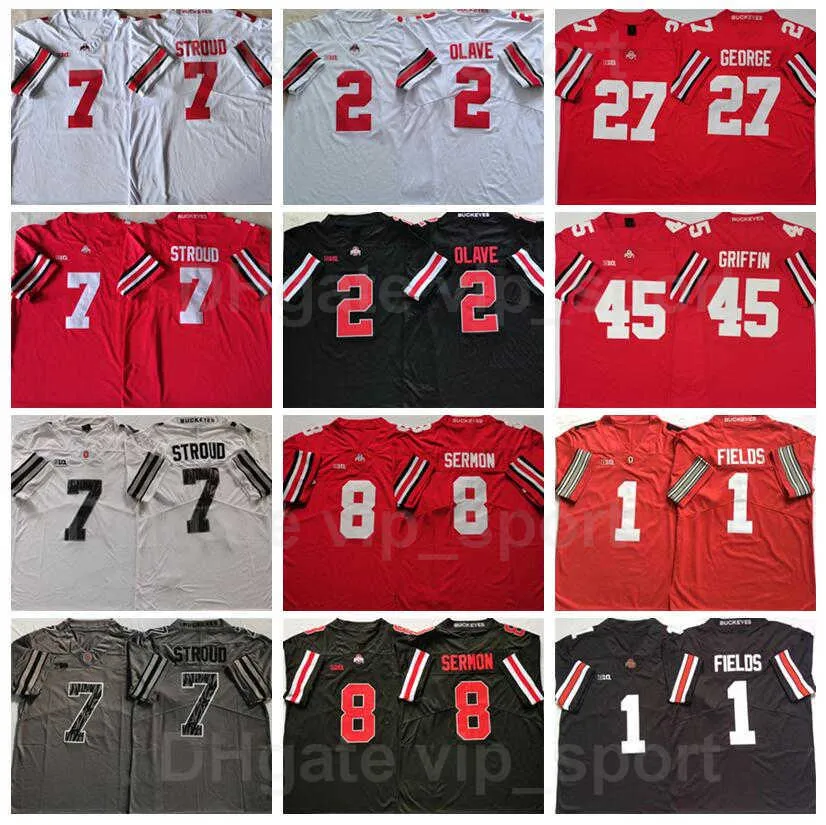 College Ohio State Buckeyes Football 2 Chris Olave 7 CJ Stroud Jersey 8 Trey Sermon 1 Justin Fields 27 Eddie George 45 Archie Griffin Red Black White University