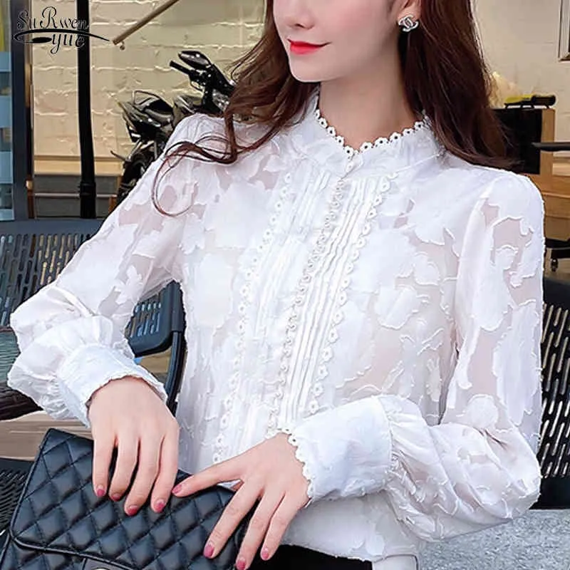 Spring Fashion Button Lace Blouse Women Office Lady Long Sleeve Stand Collar Lace Shirts Women Plus Size Clothing 13053 210518