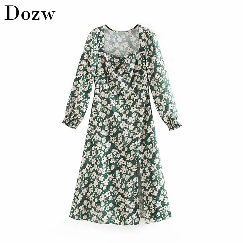 Square Collar Print Women Midi Dress Elegant Long Sleeve A-line Split Ladies es Fashion Casual Loose Office Female 210515