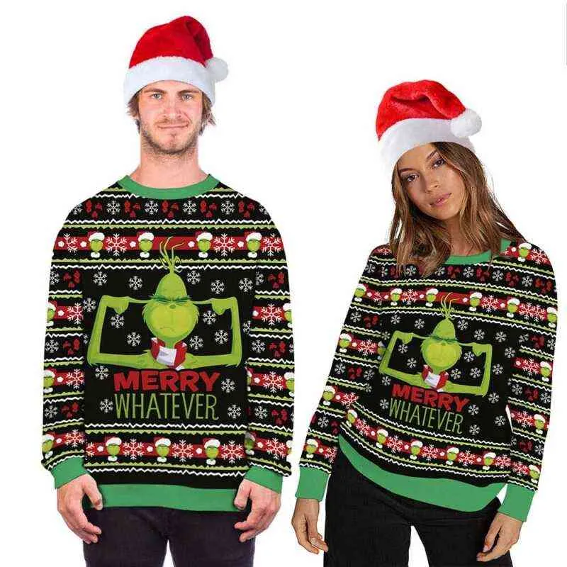 Ugly Christmas Sweater Unisex 2021 Rolig Deer Santa Claus Xmas Sweatshirt Toppar Män Kvinnor Xmas Sweat Shirt Present Par Partihandel Y1118